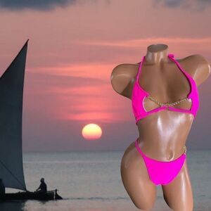 Gold Accented Hot Pink l String Triangle l Bikini l Thong l M/L l New